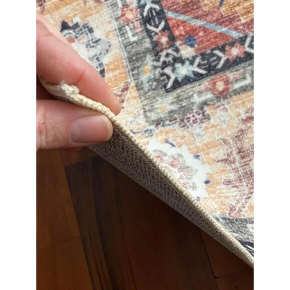 New 6x9 Red Khaki Washable Vintage Rug Non-Slip Floral Carpet for Living Room